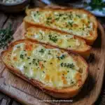 Roasted garlic bread topped with melted mozzarella cheese.