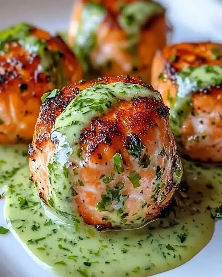 Plate of salmon balls served with creamy avocado sauce for dipping.
