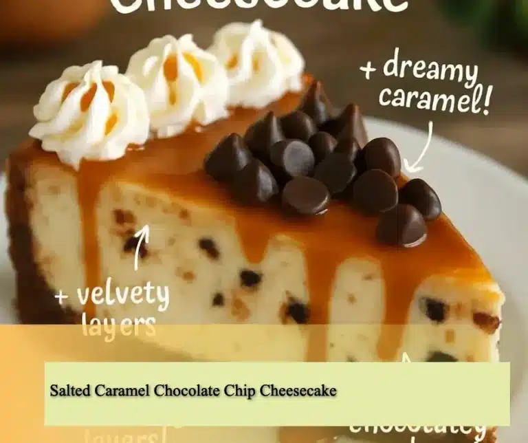 Delicious salted caramel chocolate chip cheesecake topped with drizzled caramel sauce.