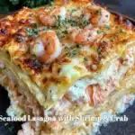 Seafood Lasagna topped with shrimp and crab, showcasing layers of creamy pasta.
