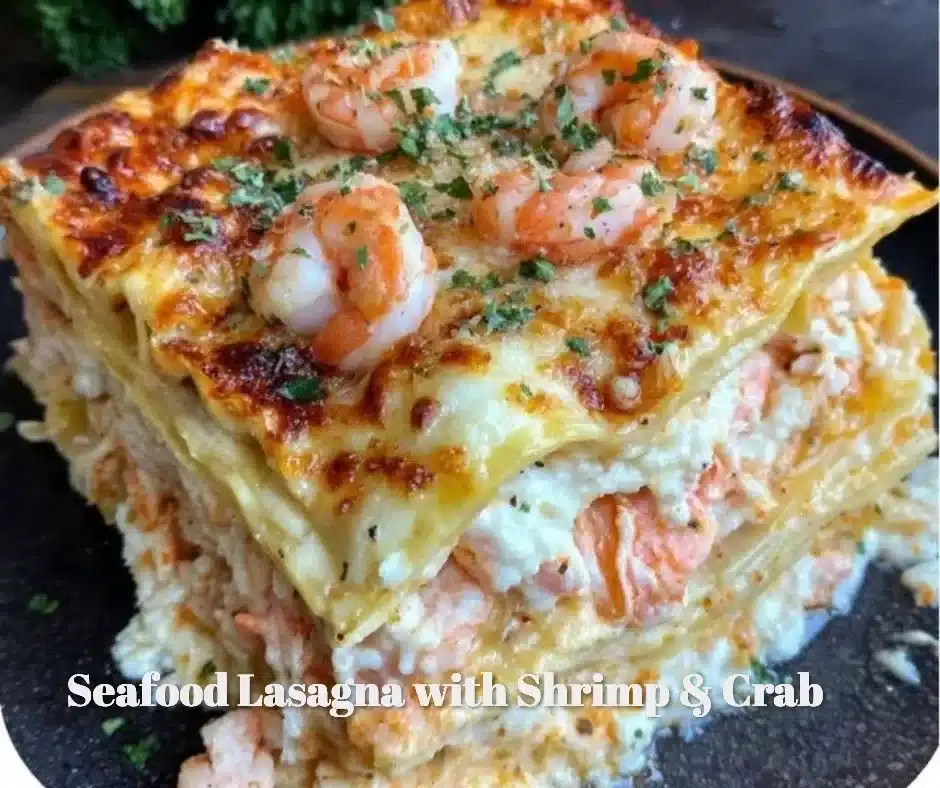 Seafood Lasagna topped with shrimp and crab, showcasing layers of creamy pasta.