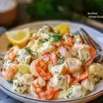 Fresh seafood salad with shrimp, crab, and vegetables in a light dressing.