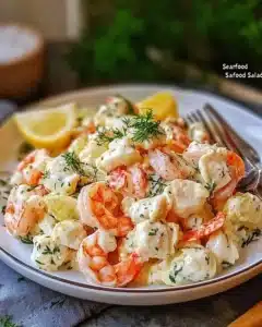Fresh seafood salad with shrimp, crab, and vegetables in a light dressing.