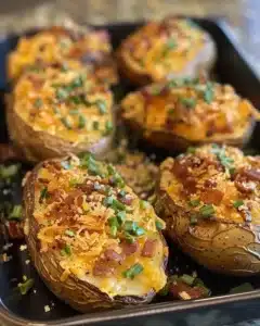 Delicious sliced baked potatoes with seasonings served on a plate.