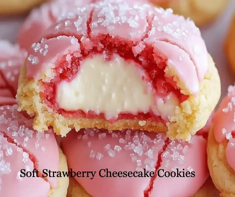 Soft strawberry cheesecake cookies on a plate with fresh strawberries