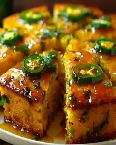 Spicy jalapeño cornbread topped with sweet lime honey glaze