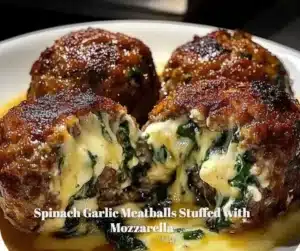 Spinach garlic meatballs stuffed with mozzarella cheese on a plate