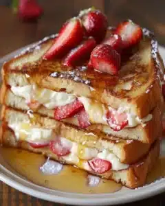 Delicious strawberry banana cheesecake stuffed french toast topped with fresh fruit.