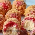 Delicious strawberry cheesecake crunch bites on a white plate.