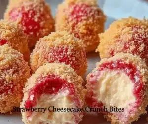 Strawberry Cheesecake Crunch Bites 6 Delicious strawberry cheesecake crunch bites on a white plate.