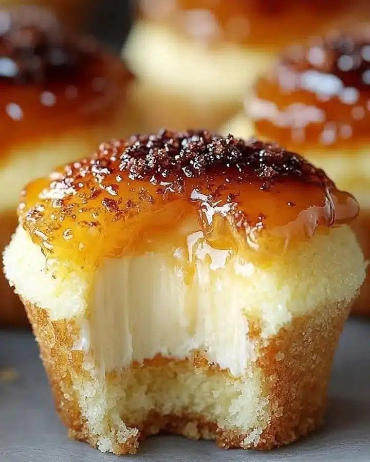 Delicious vanilla bean crème brûlée cheesecake cupcakes topped with caramelized sugar