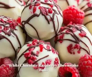 White Chocolate Raspberry Cheesecake Balls 6 Delicious white chocolate raspberry cheesecake balls on a decorative plate.