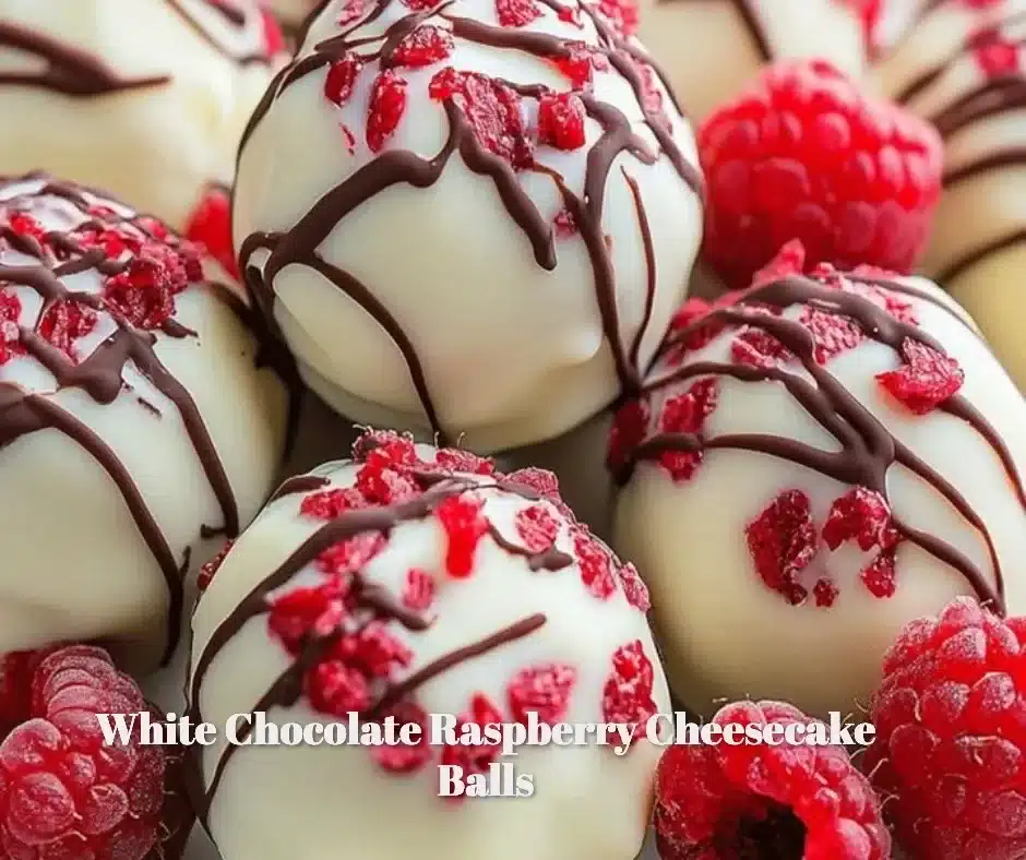 Delicious white chocolate raspberry cheesecake balls on a decorative plate.