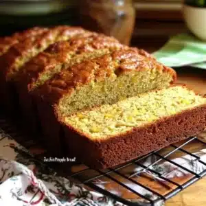 Homemade zucchini pineapple bread with fresh ingredients on a wooden table