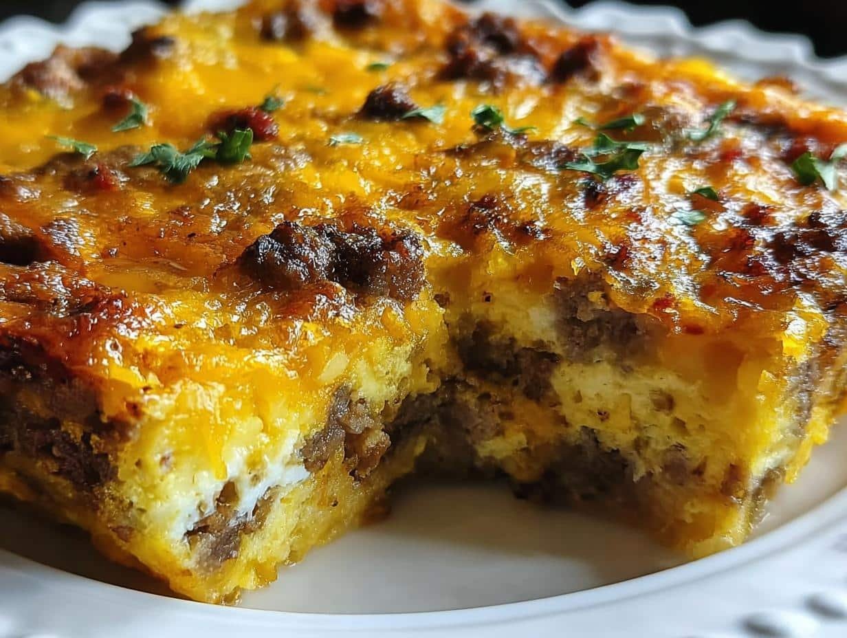 Chorizo Potato Egg Casserole - a slice being served onto a plate