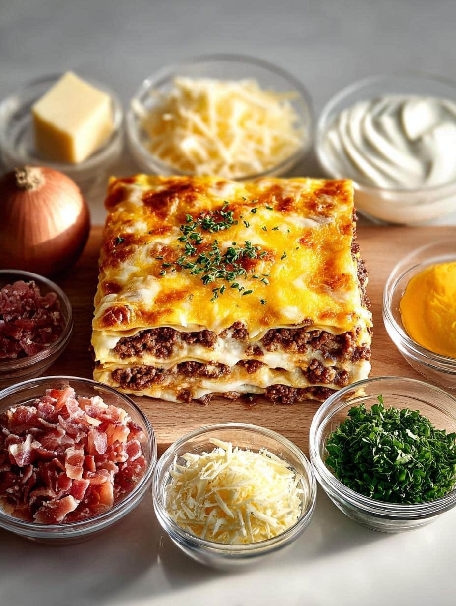 Garlic Bacon Cheeseburger Lasagna: 5 Layered Comfort Dish 2 Garlic Bacon Cheeseburger Lasagna: 5 Layered Comfort Dish - Garlic Bacon Cheeseburger Lasagna - main visual representation