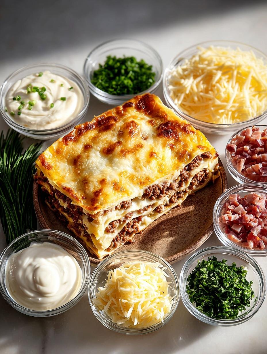 Garlic Bacon Cheeseburger Lasagna: 5 Layered Comfort Dish 3 Garlic Bacon Cheeseburger Lasagna: 5 Layered Comfort Dish - Garlic Bacon Cheeseburger Lasagna - additional detail