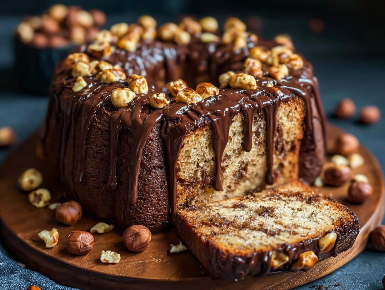 1 Hazelnut Espresso Cake Recipe: Rich & Moist - Hazelnut Espresso Cake - whole cake with chocolate glaze