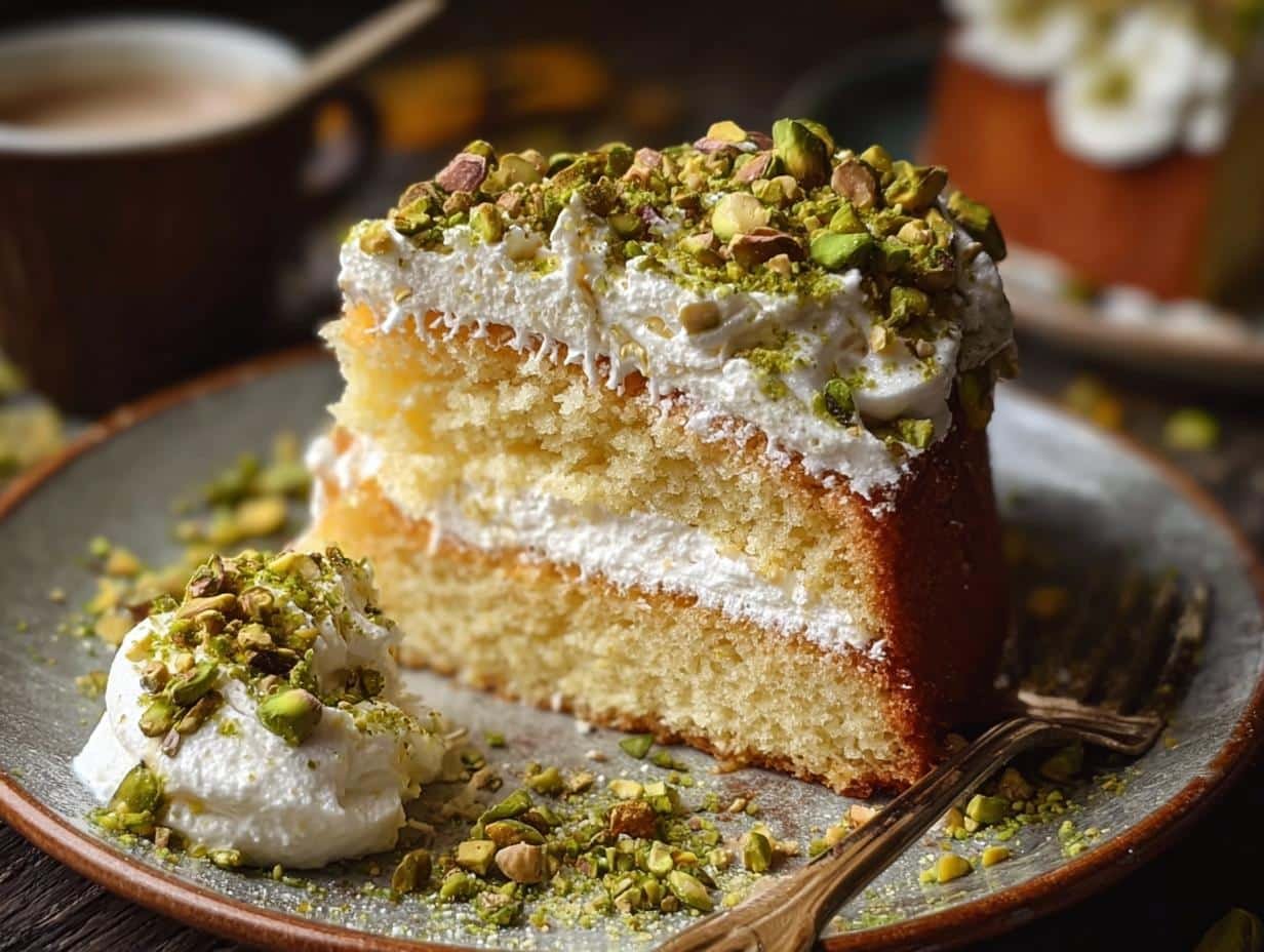 Irresistible Lemon Pistachio Ricotta cake with a dusting of powdered sugar and pistachios