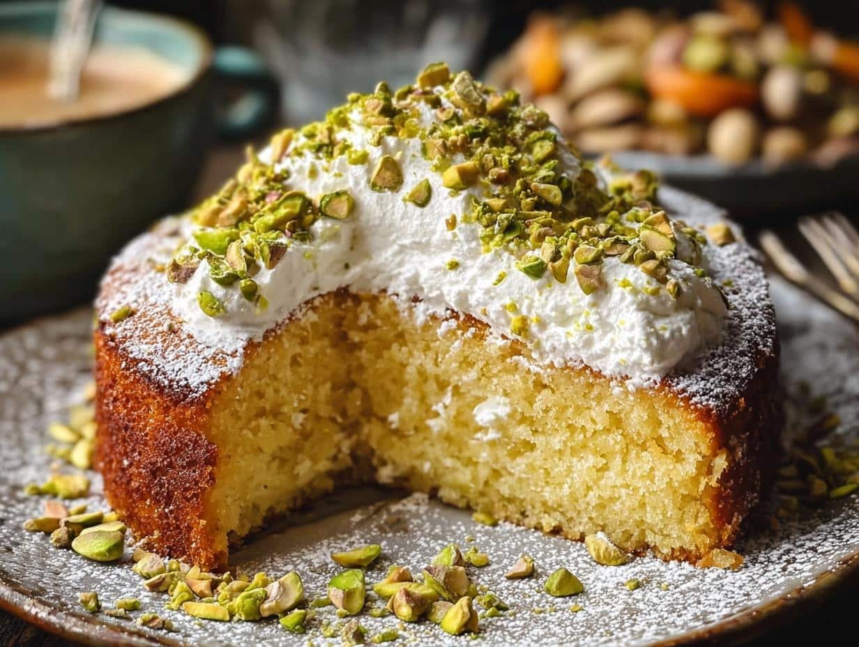 Close-up of the Lemon Pistachio Ricotta cake batter with pistachios being folded in