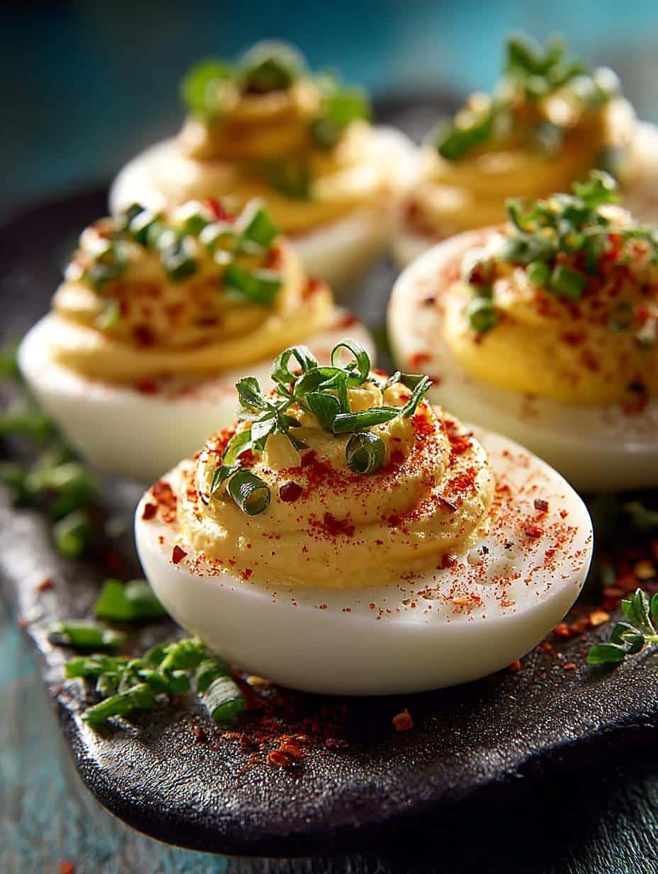 Million Dollar Deviled Eggs: 7 Irresistible Ways to Enjoy 3 Close-up of creamy Million Dollar Deviled Eggs garnished with fresh herbs and spices