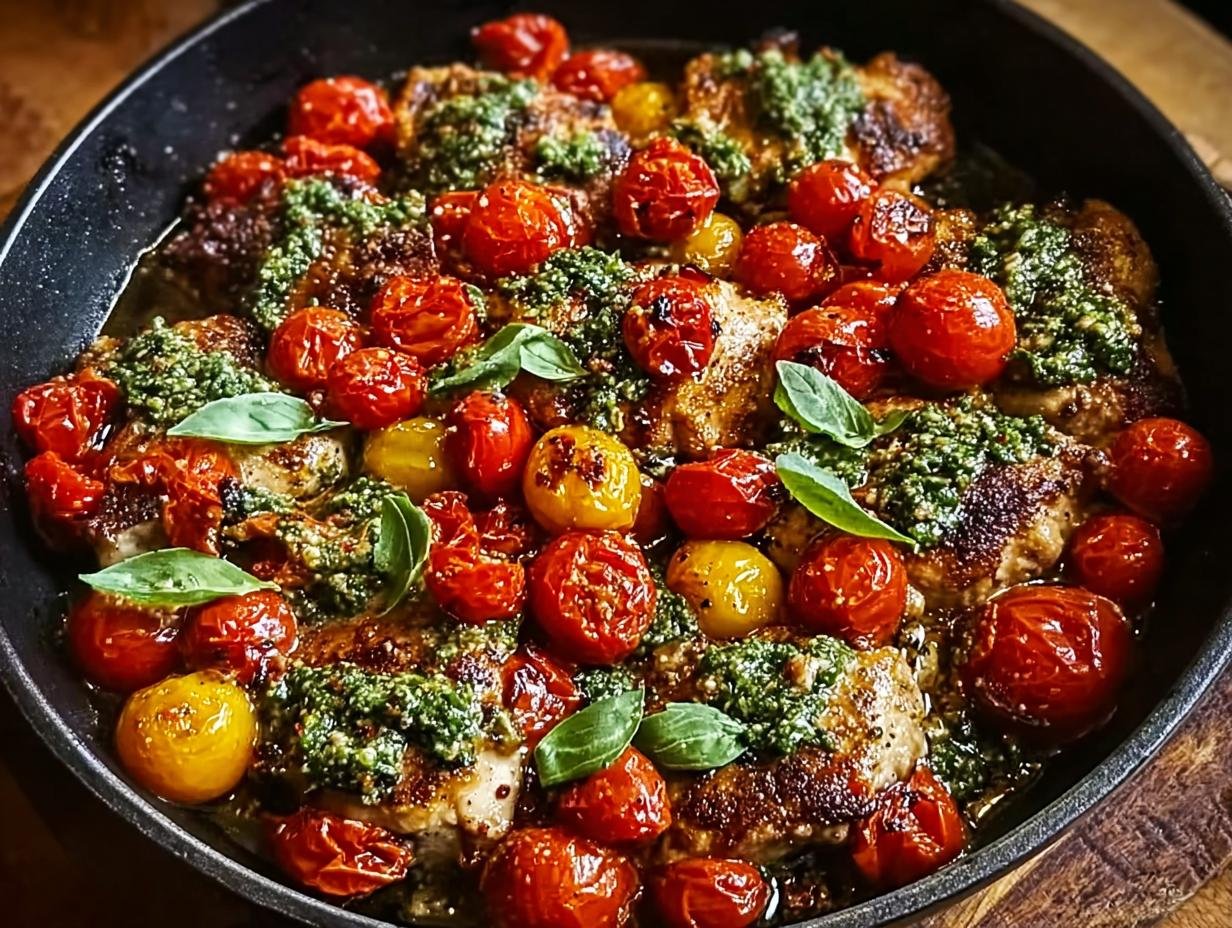One Pan Pesto Cherry Chicken with burst cherry tomatoes and basil