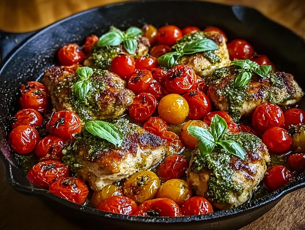 Close-up of One Pan Pesto Cherry Chicken with fresh basil garnish