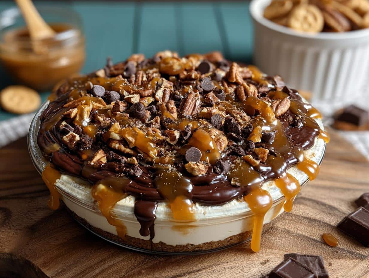 Tempting Turtle Cheesecake Dip Recipe - Close-up of Turtle Cheesecake Dip with Pecans and Chocolate Chips