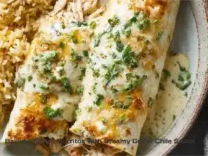 Baked chicken burritos topped with creamy green chile sauce on a plate.