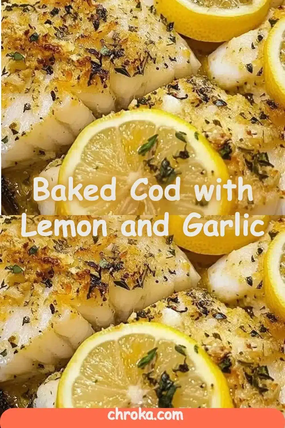 Delicious baked cod with lemon and garlic, served on a white plate.