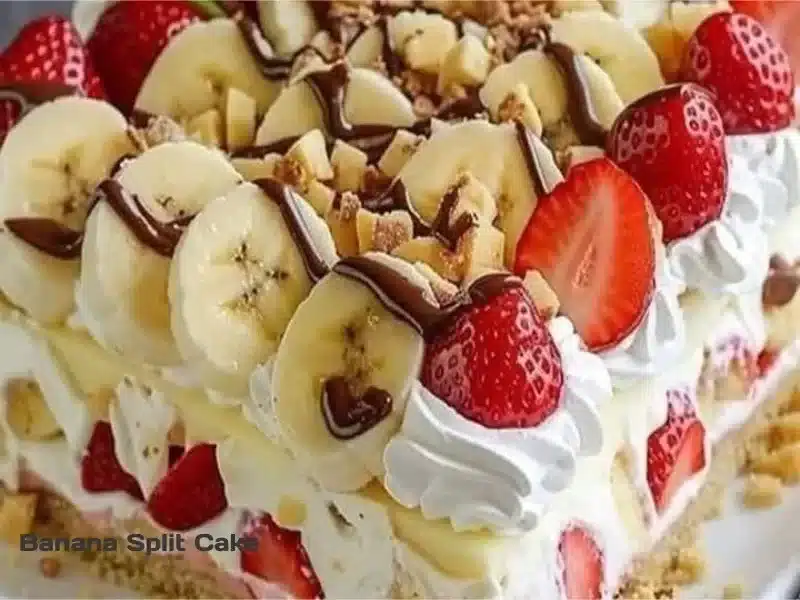 Deliciously layered Banana Split Cake with fresh bananas, whipped cream, and chocolate sauce.