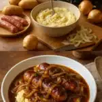 Delicious bangers and mash served with savory onion gravy