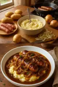 Delicious bangers and mash served with savory onion gravy