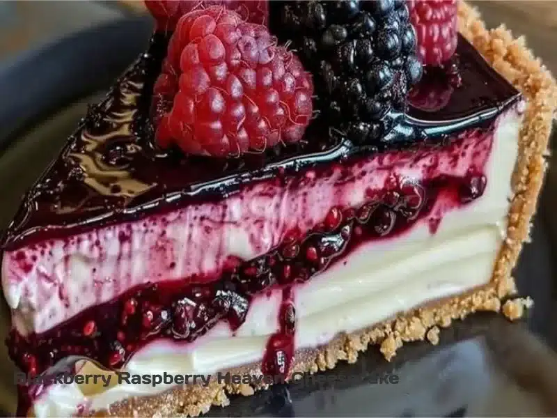 Delicious Blackberry Raspberry Cheesecake topped with fresh berries