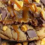 Delicious Butterfinger Caramel Crunch Cookies stacked on a plate
