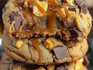 Delicious Butterfinger Caramel Crunch Cookies stacked on a plate