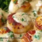Cajun scallops in creamy sauce garnished with herbs