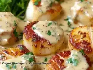 Cajun scallops in creamy sauce garnished with herbs