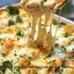 Cheesy baked chicken served with broccoli Alfredo pasta in a bowl.