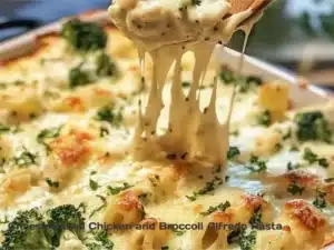 Cheesy Baked Chicken and Broccoli Alfredo Pasta 4 Cheesy baked chicken served with broccoli Alfredo pasta in a bowl.