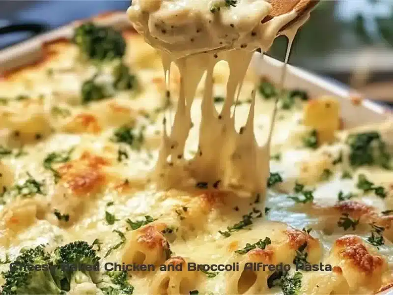 Cheesy baked chicken served with broccoli Alfredo pasta in a bowl.