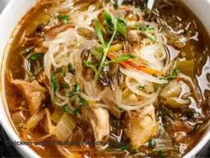Bowl of Chicken and Shirataki Noodle Soup with fresh herbs and vegetables