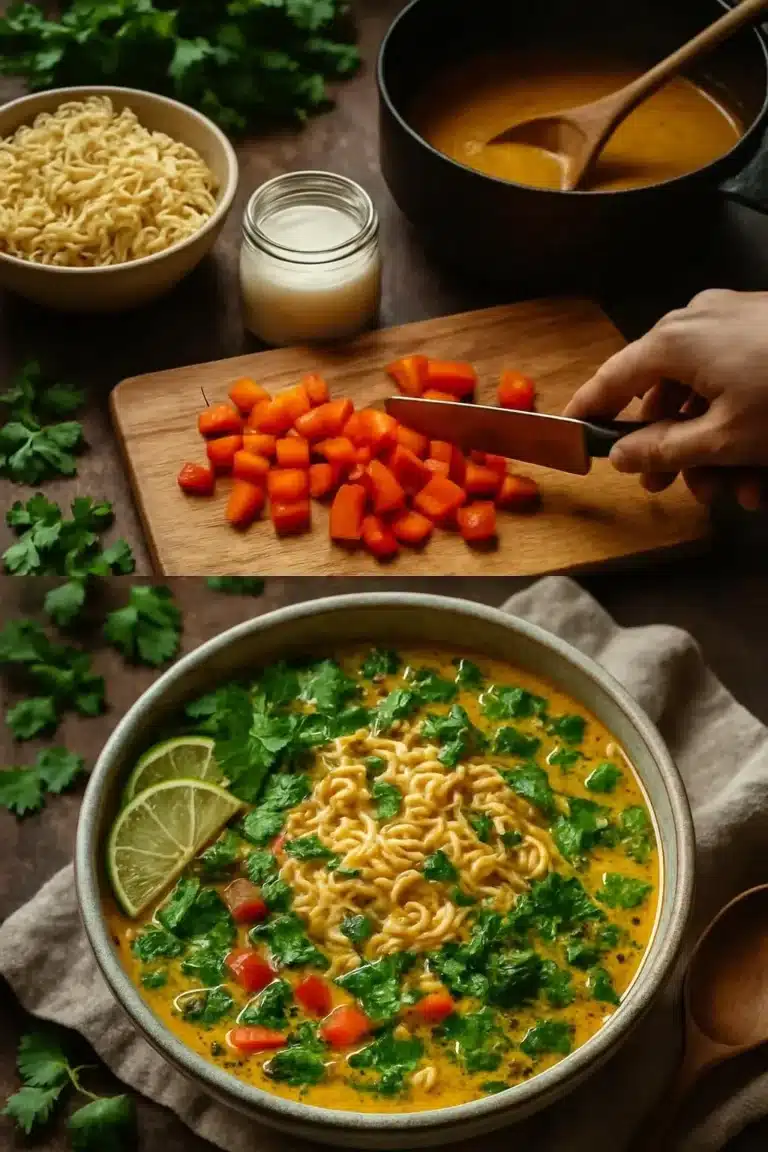 Bowl of Coconut Curry Noodle Soup topped with fresh lime and herbs