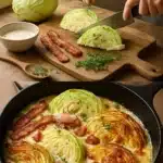 Creamy baked cabbage with crispy bacon served in a dish