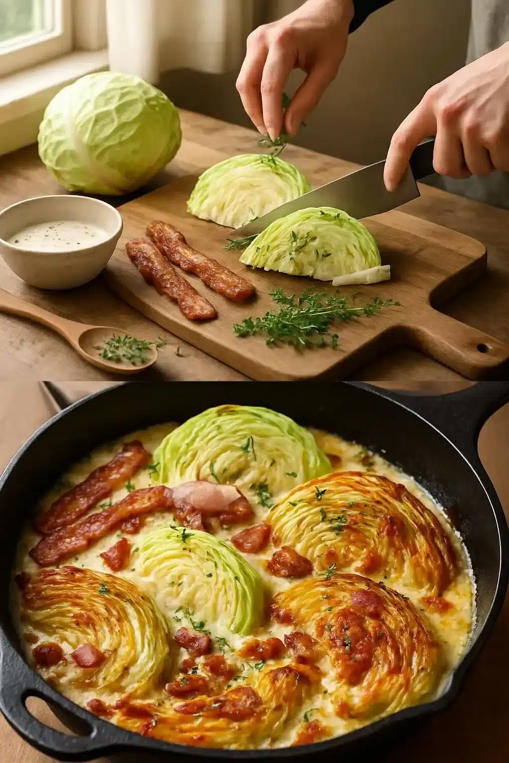 Creamy baked cabbage with crispy bacon served in a dish