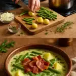 A bowl of creamy green bean and potato soup garnished with herbs
