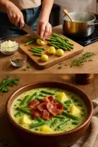 A bowl of creamy green bean and potato soup garnished with herbs