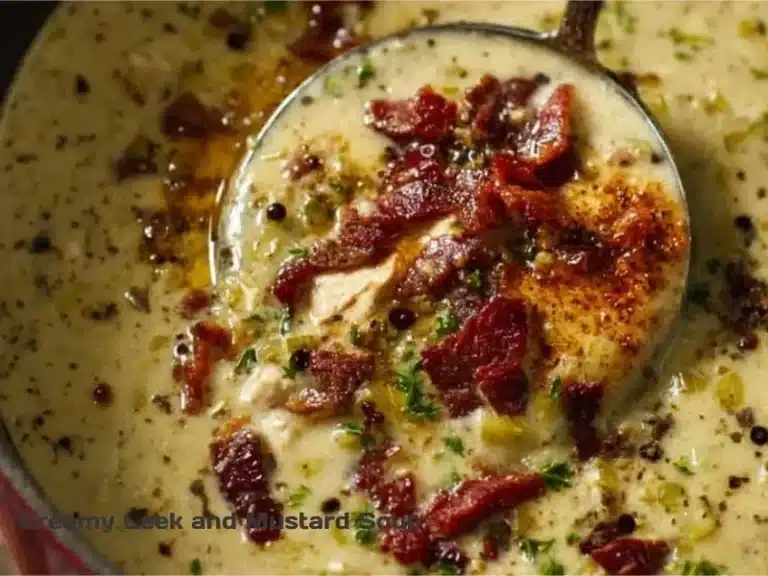 Bowl of creamy leek mustard soup garnished with herbs and spices