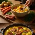 Bowl of creamy sausage and potato stew with fresh herbs on top