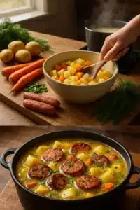 Bowl of creamy sausage and potato stew with fresh herbs on top